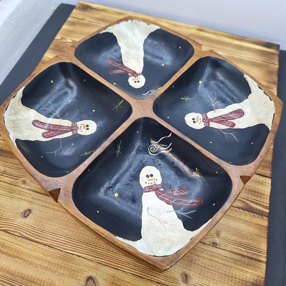 Snowman Painted 4 Divided Nut Dish Monkey Pod Wooden Mid Century Christmas 11.5